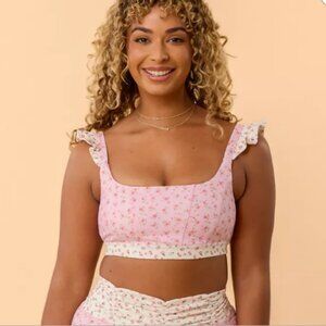 Blogilates Women's Ruffle Corset Sports Bra - Pink Floral- Medium